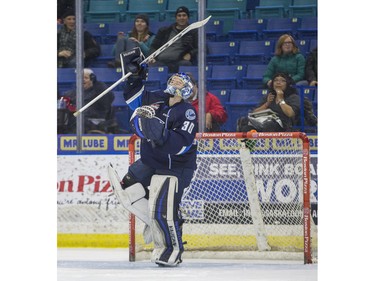 Saskatoon Blades goalie Brock Hamm celebrates after making the final save of the shootout against the Regina Pats in WHL action, December 13, 2015.
