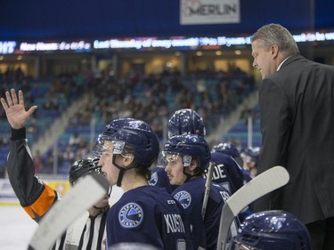 Saskatoon Blades head coach Bob Woods reminds the officials there are two teams as his team takes on the Regina Pats during second period WHL action, December 13, 2015.