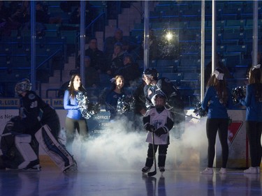 The Saskatoon Blades enter the ice prior to taking on the Regina Pats in WHL action, December 13, 2015.