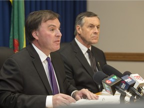 Gordon Wyant, minister responsible for SaskBuilds and Education minister Don Morgan with announcement that the P3's projects will save Saskatchewan taxpayers 100 million dollars, December 14, 2015.