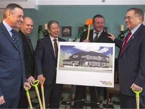 Education Minister Don Morgan, Saskatoon Housing Initiatives Partnership Executive Director Shaun Dyck North Ridge's Wally Mah, EGADZ Executive Director Don Meikle and Saskatoon Mayor Donald Atchison with shovels in hand at the announcment of the expansion of the EGADZ Sweet Dreams residential home, a supported living home for at-risk single mothers.