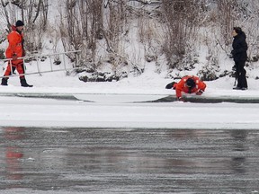 Saskatoon Firefighters search for a dog along the river banks that fell through the ice off the east side of the river in the Sutherland Dog Park, December 28, 2015.