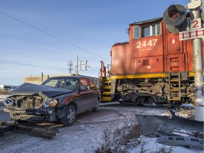 No injuries to the driver of this small car that ran into this CN Train that was luckily moving at a very slow speed at the tracks crossing Quebec Ave. parallel to 40th St. W. on Dec. 31, 2015.