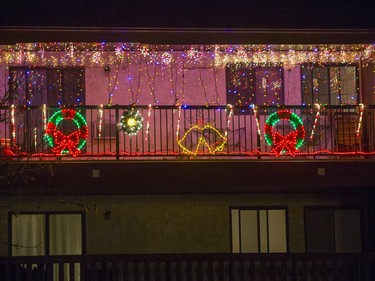 Saskatoon's Christmas lights tour takes us to a second floor apartment deck on Wedge Road, December 7, 2015.