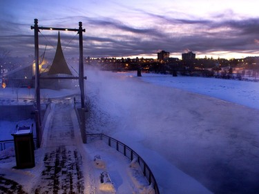 Photos taken from the Sid Buckwold Bridge on an icy cold morning in Saskatoon, January 7, 2015.