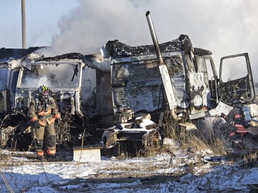 Emergency personnel from Saskatoon and Warman responded to a fire at Saskatoon Truck Salvage in the Corman Park Industrial park on November 30, 2015. Three semi tractor units were burned in the fire.