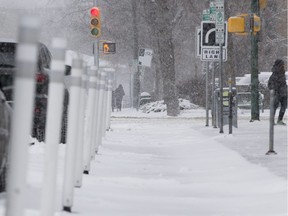 Snow blankets Saskatoon's downtown bike lanes in November.