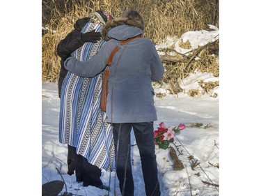 Walking With Our Sisters members laid flowers at the site where Karina Wolfe's body was found recently, November 30, 2015