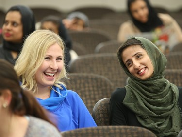 Women in Islam was the topic of a discussion on the U of S campus in the Timlin Theatre in the Arts building on October 15, 2015 in Saskatoon. Among those attending were Kaitlin Robin (L) and Sana Khan.