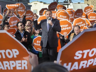 Federal NDP leader Thomas Mulcair made a stop in Saskatoon at Sheri Benson's Saskatoon West candidate office looking for support, October 12, 2015.