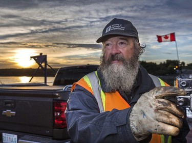 Clarkboro Ferry operator Douglas Button has his morning start before sunrise everyday from spring thaw to winter freeze up on the South Saskatchewan River, 22 kilometres north of Saskatoon, September 1, 2015.