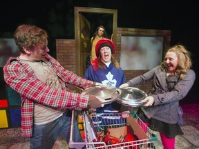 Miranda Hughes (Louise) at back, and front, left to right, Devin Wesnoski (Danny); Kyle Kuchirka (Angelo); and Alex Hartshorn (Penelope) in scene from  Persephone Theatre's Youth Series play Danny King of the Basement.