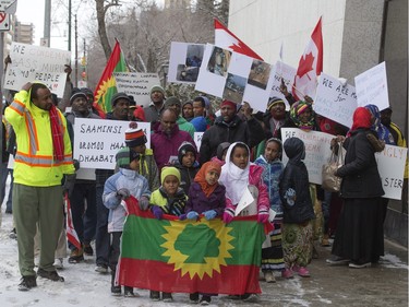 People protesting the conditions in Ethiopia demonstrate outside City Hall in Saskatoon, December 10, 2015.