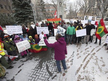People protesting the conditions in Ethiopia demonstrate outside City Hall in Saskatoon, December 10, 2015.