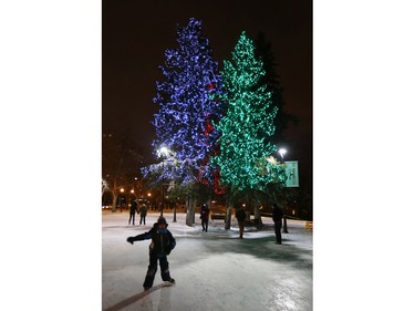 Skaters enjoy the Cameco Meewasin Valley Authority Rink and twinkle lights in the trees which were turned on for the official opening, December 17, 2015.