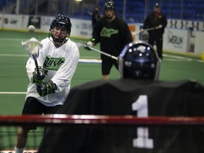 Curtis Knight takes a shot on net during Saskatchewan Rush practice Friday at SaskTel Centre.
