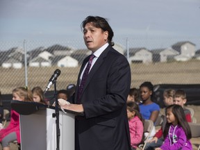 Whitecap Dakota First Nations Chief Darcy Bear speaks during a ceremony and sod turning in the Rosewood neighbourhood at a future site for a new joint use school, one of 12 publicly owned elementary schools to be built on six joint-use sites in Saskatoon, Warman and Martensville.