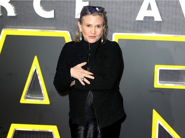 Carrie Fisher attends the European premiere of "Star Wars: The Force Awakens" at Leicester Square on December 16, 2015 in London, England.
