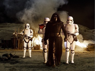 Adam Driver as Kylo Ren with Stormtroopers in "Star Wars: The Force Awakens."