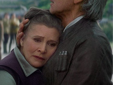 Carrie Fisher as Leia and Harrison Ford as Han Solo in "Star Wars: The Force Awakens."