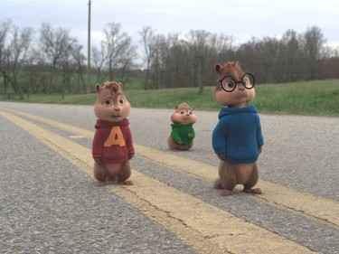 L-R: Chipmunks Alvin, Theodore and Simon face yet another challenge during their eventful road trip  in "Alvin and the Chipmunks: The Road Chip."
