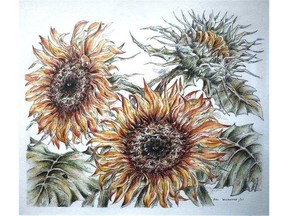 Three Sunflowers by Bev Wildeman is on display at Collector's Choice Art Gallery.