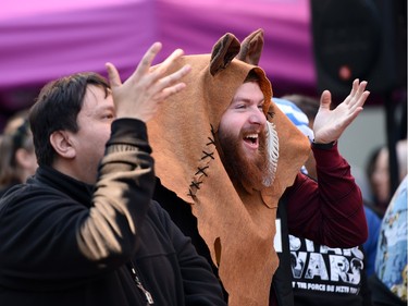 Star Wars fans attend the Star Wars-themed wedding of Australian fans Caroline Ritter, 34, and Andrew Porters, 29, (not in photo), in the forecourt of the TCL Chinese Theatre, December 17, 2015 in Hollywood, California.