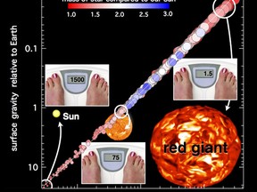 HED: How much would you weigh on another star? If stars had solid surfaces on which you could stand, then your weight would change from star to star. A 75-kg adult would tip the bathroom scale very differently in the surface gravities of three stars. On the Sun you’d weigh 20 times more than on Earth. On a red giant star you’d be 50 times lighter.