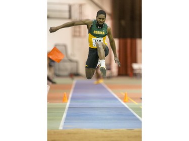 Arthur Ward from the University of Regina competes in the triple jump during the Sled Dog Open at the Saskatoon Field House, January 16, 2016.