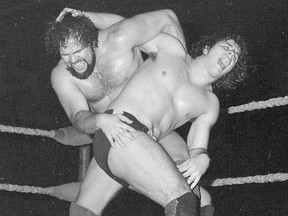 Leo Burke (left) battles with Bret  Hart.

(Leo Burke fighting Bret Hart during the heyday of Stampede Wrestling. Photo courtesy Bob Leonard.)