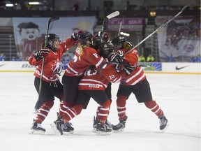 File Photo. Canada celebrates a goal against Russia. Canada beat Russia 4-0 to move on to the gold medal round against the USA in the 2016 Ice Hockey U18 Women's World Championship at the Meridian Centre in St. Catharines on Jan. 14, 2016.