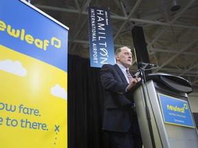 Dean Dacko, Chief Commercial Officer of NewLeaf Travel speaks at a press conference in the arrivals area of the John C. Munro Hamilton International Airport, on Wednesday, Jan. 6, 2016. Officially launched today, the new low-cost carrier is scheduled to provide initial departures starting February 12, 2016, for non-stop flights to and from Hamilton, Halifax, Winnipeg, Regina, Saskatoon, Kelowna and Abbotsford.