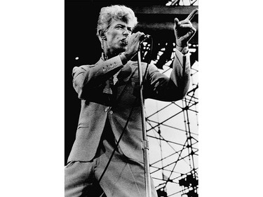 David Bowie performs during his Serious Moonlight Tour in front of a sold-out at crowd at the Commonwealth Stadium, Edmonton, Alta., on Aug 7 1983.