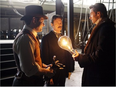 Left to right: Andy Serkis, David Bowie, Hugh Jackman in the 2006 film The Prestige.