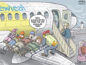 Editorial Cartoon by Graeme MacKay, The Hamilton Spectator – Friday January 8, 2016  Ultra-low-cost carrier planning flights from Hamilton airport  Canada's latest airline will unveil its plans for flights out of Hamilton airport on Wednesday.  That's when Dean Dacko, chief commercial officer of NewLeaf Travel, the country's new ultra-low-cost air carrier, will unveil the company's plans for making Hamilton one of its hubs.  Details of the announcement remain a closely guarded secret, but in a news release airport officials promise "NewLeaf plans to revolutionize the Canadian travel market."  NewLeaf's bare-bones website promises its service will feature "No more extra costs for things you don't want" and "You pay for your seat and the rest is up to you."  Wednesday's announcement will include details on non-stop routes, pricing and booking.  NewLeaf announced its interest in the city in June, saying it would make its headquarters in Winnipeg with bases in Hamilton and Kelowna.  Ultra-low-cost carriers -- also called no-frills or budget airlines -- offer lower fares, making up for lower ticket prices by charging for extras such as food, priority boarding and baggage. The largest such operator is United States-based Southwest Airlines.  Aircraft and crews for the NewLeaf flights will be supplied by Kelowna-based Flair Airlines.  Ultra-low-cost carriers are new to Canada's aviation industry and Hamilton airport executives have been keen to get at least one located here as a boost to their long-cherished dream of turning the John C. Munro Hamilton International Airport into a passenger destination.  While they have long argued that 2 million people live within an hour's drive of the airport, its passenger history has been one of soaring hopes followed by bitter disappointment as more than 20 airlines have come and gone through the facility.  Passenger traffic peaked in 2003 at about 1 million when the airport was the eastern hub for WestJet, before the airline moved the