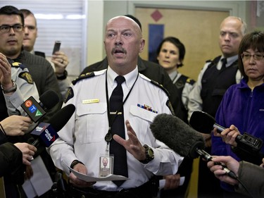 RCMP superintendent Grant St. Germaine speaks with media in La Loche on January 23, 2016 about the ongoing investigation of a Friday shooting at a school in La Loche. The shooting left four people dead.
