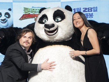 Actor Jack Black and director Jennifer Yuh attend the premiere for "Kung Fu Panda 3" on January 20, 2016 in Seoul, South Korea.