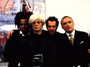 Left to right: Jeffrey Wright as Jean-Michel Basquiat, David Bowie as Andy Warhol, Gary Oldman, and Dennis Hopper in Julian Schnabel's 1996 movie Basquiat.