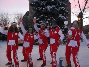 Members of Team Canada, Nathan Thoen, Chris Dziki, Chad Reynolds, Quinten Thoen and Tyler Maltman, left, are headed to Japan for the 28th Annual Showa Shinzan International Yukigassen World Championships in February. They hope an attempt to break the world record for the largest snowball fight on Jan. 31, acts as a send off for the team before they leave to compete.