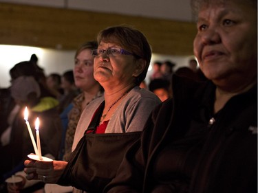 Members of the La Loche community hold a prayer vigil on January 24, 2016. A Friday shooting left four people dead.