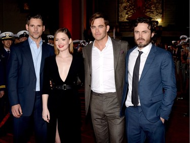 L-R: Actors Eric Bana, Holliday Grainger, Chris Pine and Casey Affleck arrive at the premiere of Disney's "The Finest Hours" at the TCL Chinese Theatre on January 25, 2016 in Los Angeles, California.