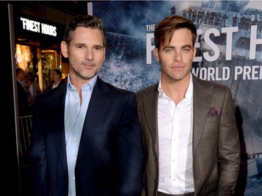 Actors Eric Bana (L) and Chris Pine arrive at the premiere of Disney's "The Finest Hours" at the TCL Chinese Theatre on January 25, 2016 in Los Angeles, California.