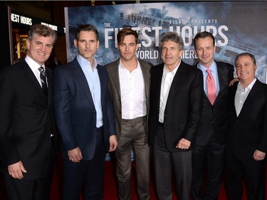 L-R: Producer Jim Whitaker, actors Eric Bana, Chris Pine, Alan Horn, Chairman, Walt Disney Studios, President of Walt Disney Motion Picture Productions Sean Bailey and President of Walt Disney Studios Alan Bergman pose at the premiere of Disney's "The Finest Hours" at the TCL Chinese Theatre on January 25, 2016 in Los Angeles, California.