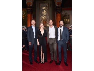 L-R: Actors Eric Bana, Holliday Grainger, Chris Pine and Casey Affleck and the cast of Disney's "The Finest Hours" were greeted by the U.S. Coast Guard Band, Honor Guard and throngs of fans at the premiere at the TCL Chinese Theatre in Hollywood, California, January 25, 2016.