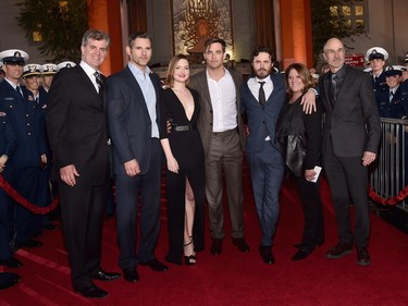 L-R: Producer James Whitaker, actors Erica Bana, Holliday Grainger, Chris Pine, Casey Affleck, producer Dorothy Aufiero and director Craig Gillespie and the cast of Disney's "The Finest Hours" were greeted by the U.S. Coast Guard Band, Honor Guard and throngs of fans at the premiere at the TCL Chinese Theatre in Hollywood, California, January 25, 2016.
