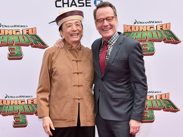 Actors James Hong (L) and Bryan Cranston attend the premiere of DreamWorks Animation and Twentieth Century Fox's "Kung Fu Panda 3" at TCL Chinese Theatre on January 16, 2016 in Hollywood, California.