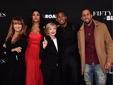 L-R:  Actors Jane Seymour, Kali Hawk, Florence Henderson, Marlon Wayans and Affion Crockett attend the premiere of Open Road Films' "Fifty Shades of Black" at Regal Cinemas L.A. Live on January 26, 2016 in Los Angeles, California.