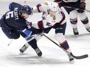 Saskatoon Blades' Mason McCarty, left, has scored in three of his last four games.