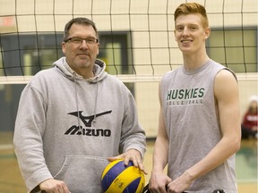 Huskies volleyball coach Brian Gavlas and his son CJ Gavlas at practice.