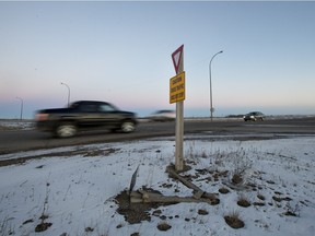 SASKATOON, SASK--JANUARY 03 2016 0103 News Fatal Crash- The intersection of #11 highway and Wanuskewin Road on Sunday, January 3rd, 2016. 3 people where killed in their Hyundai Elantra car, including a two year child, after their vehicle was struck by a 49 year old female driver in Jeep Wrangler SUV attempting to cross the highway last night. (Liam Richards/Saskatoon StarPhoenix)